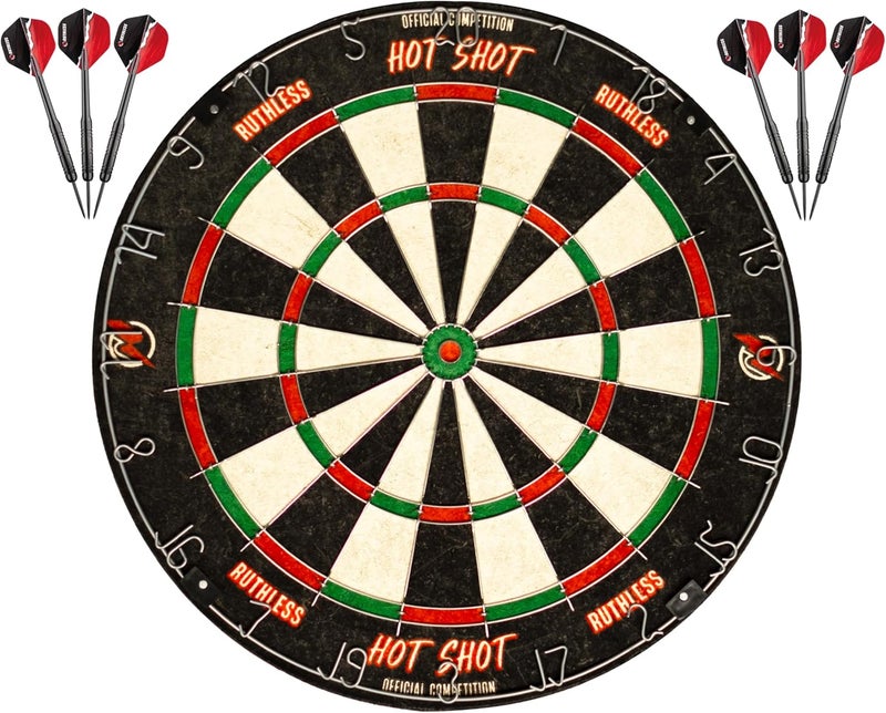 Ruthless Hot Shot Dart Board | Endurance Round Wire Sisal Dartboard Set Including 2 sets of Steel Tip Darts - Image 1
